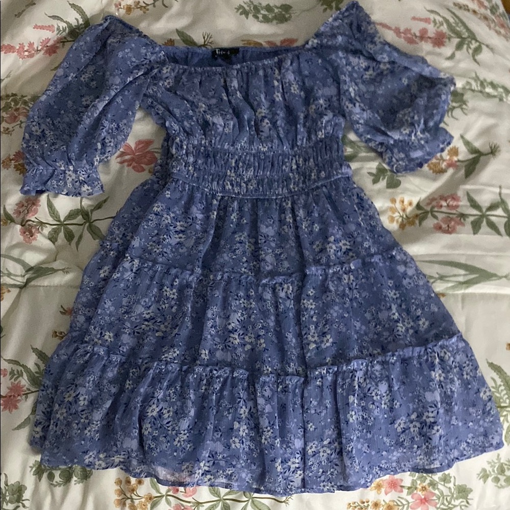 Trixxi Blue Off-Shoulder Midi Sundress with Bishop Sleeves